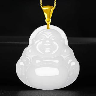 允茹保价正品和田玉18K金镶嵌羊脂白佛吊坠女笑佛玉石弥勒佛玉坠