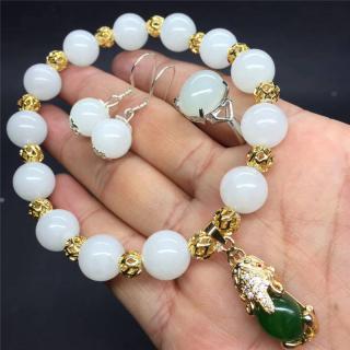 天然和田玉手链女款俄罗斯碧玉手串k金镶嵌和田碧玉貔貅手串