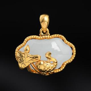 er22478 和田玉白玉18k金豪华镶嵌鲤鱼锁包吊坠